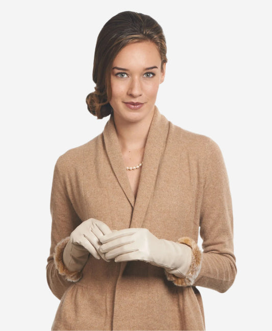 CR4405 (cream) - Women's Italian Rex Rabbit Fur Cuff Winter Leather Gloves