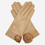 CS4033 (beige) - Women's Italian silk lined lambskin leather gloves with mink pompom