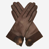 CS4033 (brown) - Women's Italian Silk Lined Lambskin Leather Gloves with Mink PomPom - Leather Gloves Online - Luxury Leather Gloves - 1
