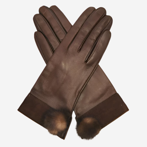 CS4033 (brown) - Women's Italian Silk Lined Lambskin Leather Gloves with Mink PomPom - Leather Gloves Online - Luxury Leather Gloves - 1