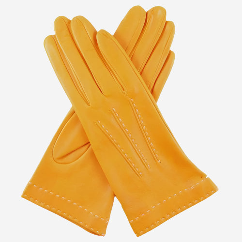 CS4204 (mustard) - Women's Italian Silk Lined Leather Gloves with Contrast Decorative Stitching - Leather Gloves Online - Luxury Leather Gloves - 1