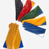 CS4414 (blue/cream) - Women's Italian Color Blocking Silk Lined Leather Gloves
