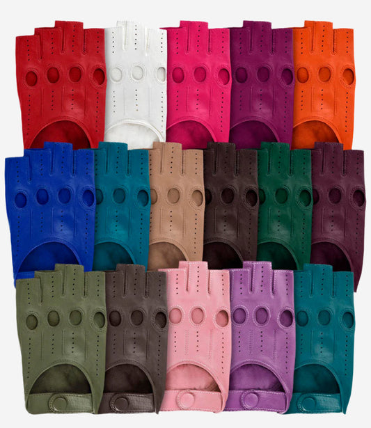 Rossana (sky) - Italian fingerless lambskin leather driving gloves