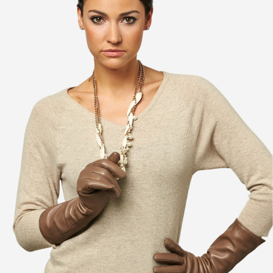 Leonora (taupe) - Italian cashmere lined 6-button length leather gloves - Leather Gloves Online - Luxury Leather Gloves - 2