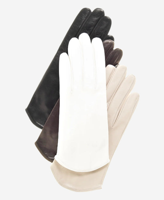 FS02 (Schwarz) - Gefütterte Damenlederhandschuhe aus italienischer Seide mit geschwungenem Saum