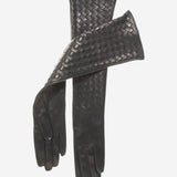 FS04W10 (black) - Italian Long Woven Black Leather Gloves - 10-Button Length - Leather Gloves Online - Luxury Leather Gloves - 1