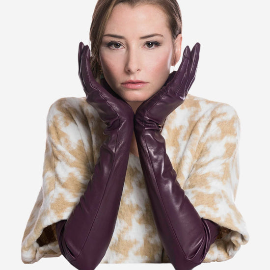 FS15W16 (black/grape) - Italian Silk Lined Opera Leather Gloves - 16-Button Length - Leather Gloves Online - Luxury Leather Gloves - 3