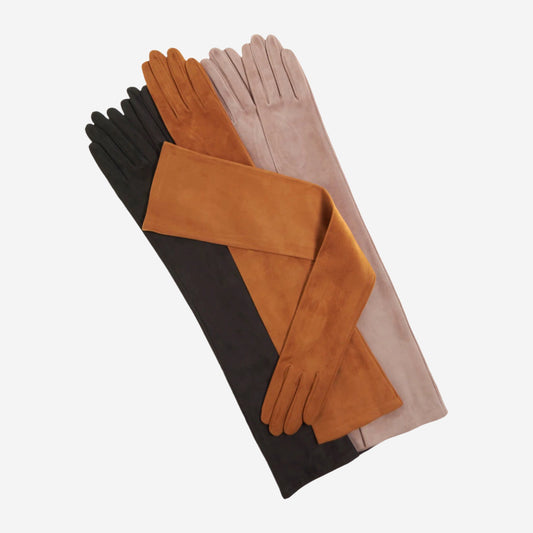 FS15W16SUEDE (taupe) - Italian silk lined suede opera gloves - 16-button length