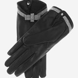 FS4321 (black) - Women's Italian silk lined leather gloves with Swarovski crystal bow