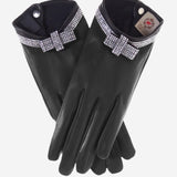 FS4321 (black) - Women's Italian silk lined leather gloves with Swarovski crystal bow