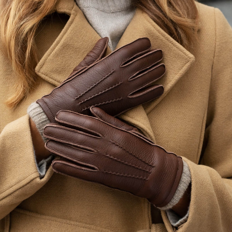 Vittoria (brown) - Italian gloves made of American deerskin leather with cashmere lining