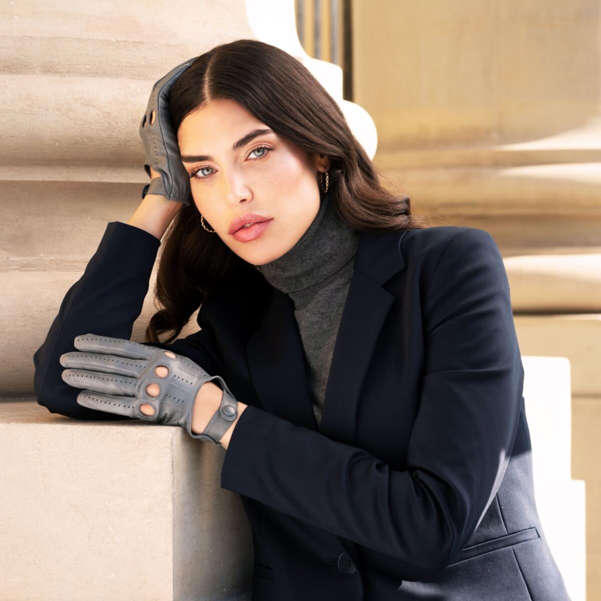 Alessa (grey) - classic Italian lambskin leather driving gloves - Fratelli Orsini - Luxury Leather Gloves - Handmade in Italy - 2
