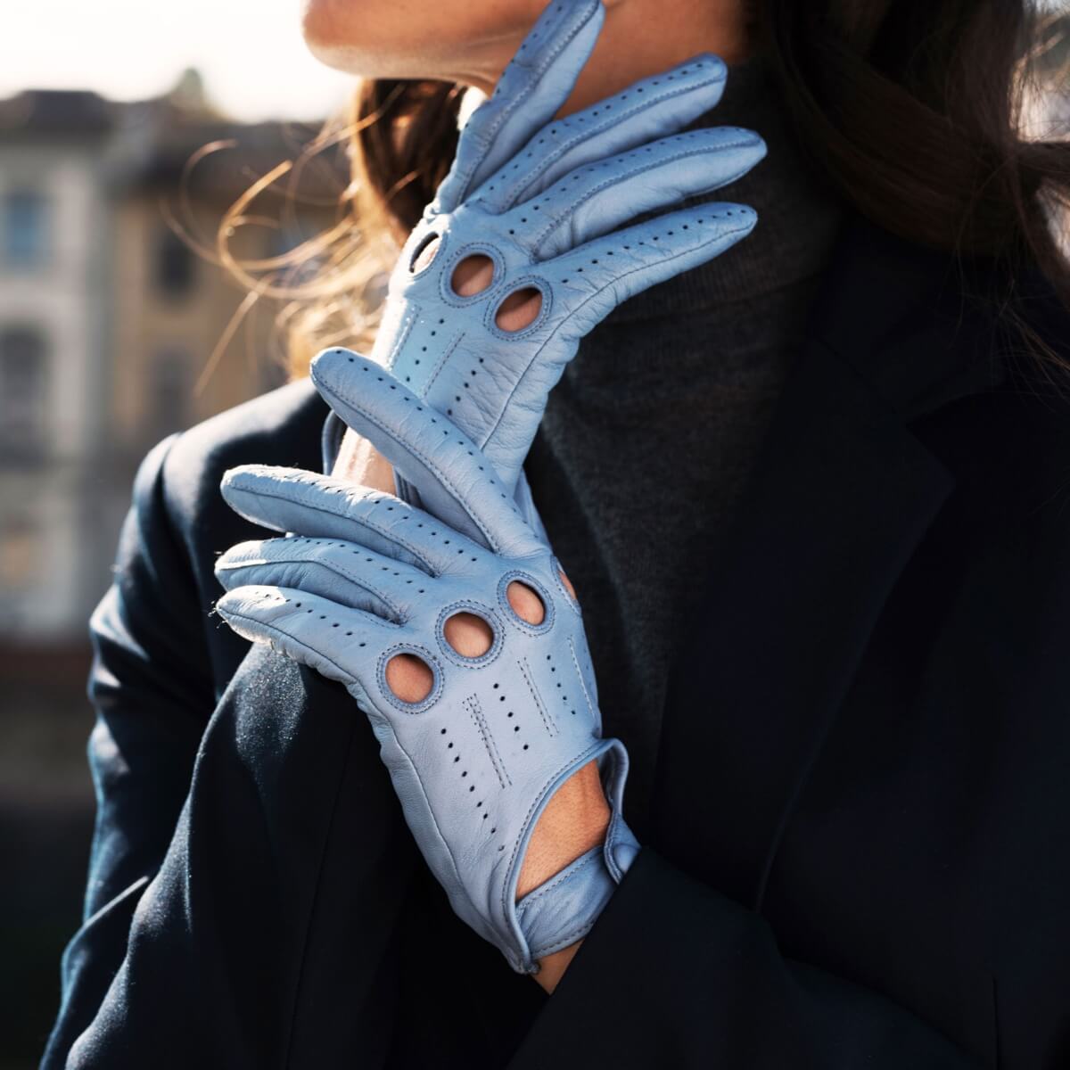 Alessa (sky) - classic Italian lambskin leather driving gloves - Fratelli Orsini - Luxury Leather Gloves - Handmade in Italy - 3