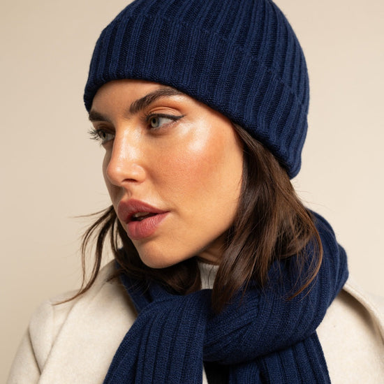 Milano (navy blue) - 100% cashmere ribbed beanie (unisex)- Fratelli Orsini - Luxury Beanie - Handmade in Italy -   6