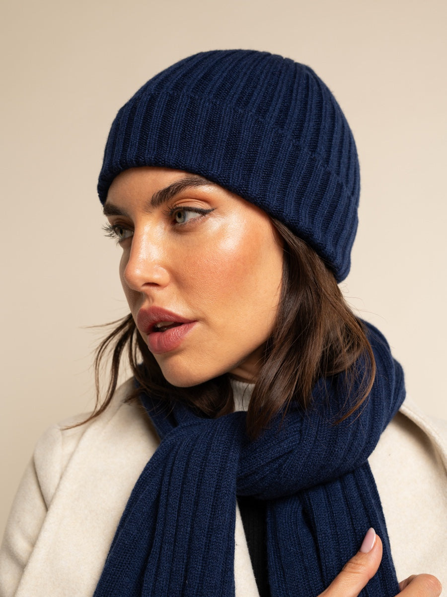 Milano (navy blue) - 100% cashmere ribbed beanie (unisex)- Fratelli Orsini - Luxury Beanie - Handmade in Italy -   6