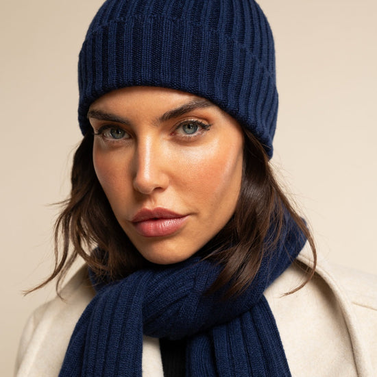 Milano (navy blue) - 100% cashmere ribbed beanie (unisex)- Fratelli Orsini - Luxury Beanie - Handmade in Italy -   10