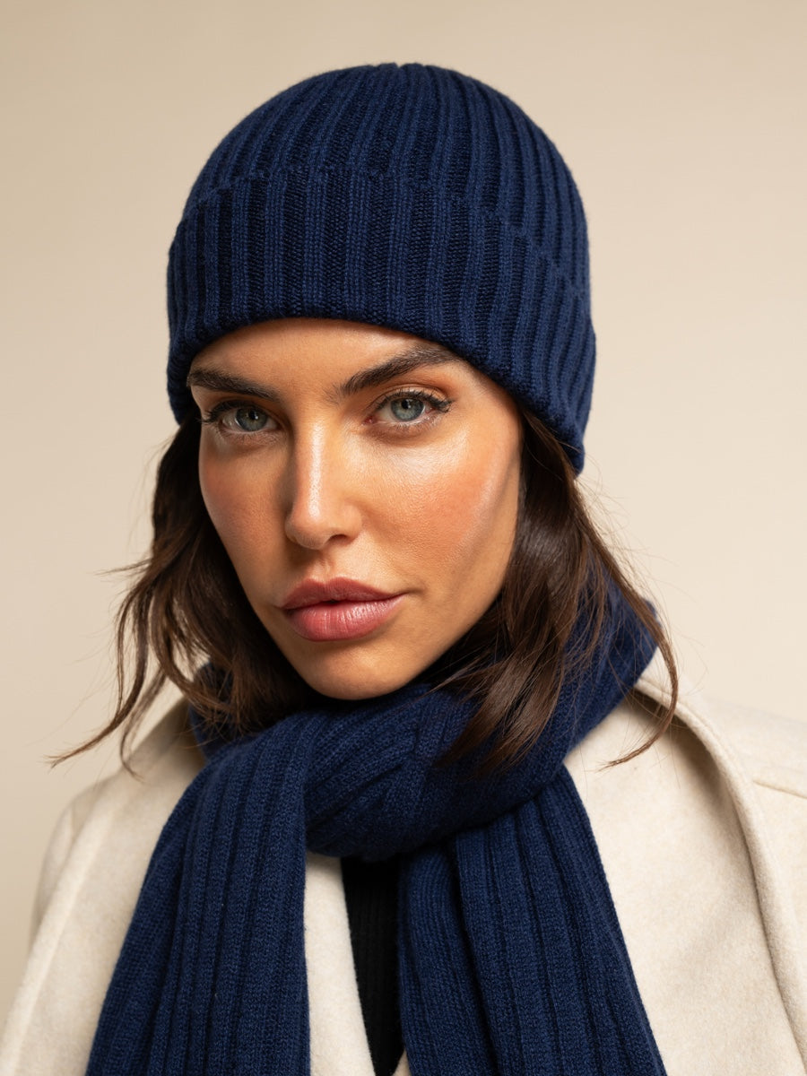 Milano (navy blue) - 100% cashmere ribbed beanie (unisex)- Fratelli Orsini - Luxury Beanie - Handmade in Italy -   10