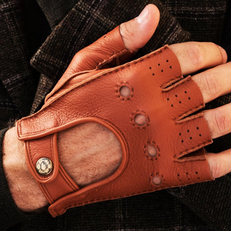 Fingerless Driving Gloves Men Deerskin Brown – Luxury Leather Gloves – Handmade in Italy – Fratelli Orsini® - 5