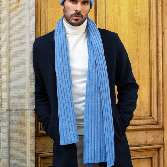 Napoli (light blue) - 100% cashmere ribbed scarf (unisex) - Fratelli Orsini - Luxury Cashmere Scarf - Handmade in Italy - 14