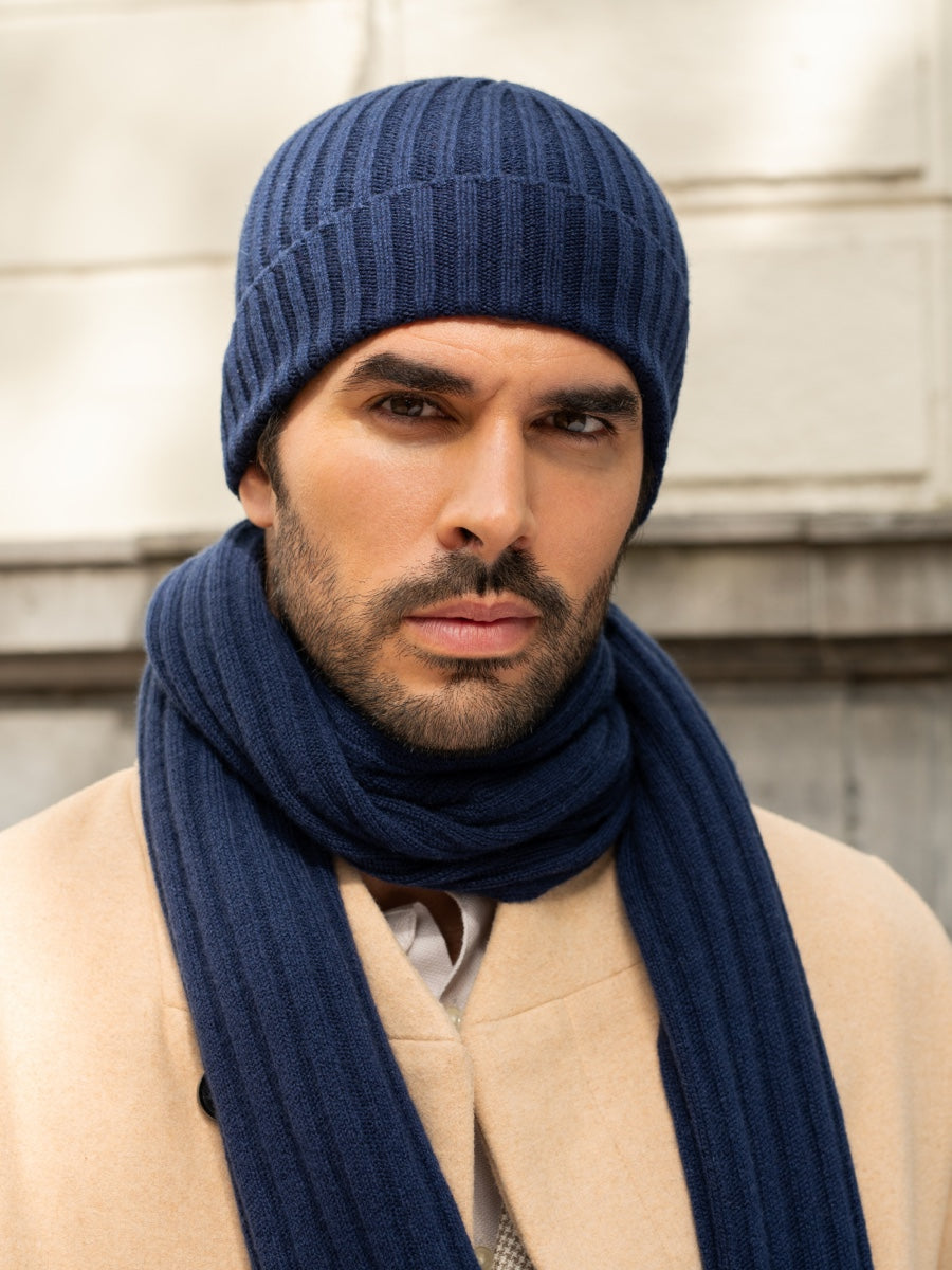 Napoli (navy blue) - 100% cashmere ribbed scarf (unisex) - Fratelli Orsini - Luxury Cashmere Scarf - Handmade in Italy - 13