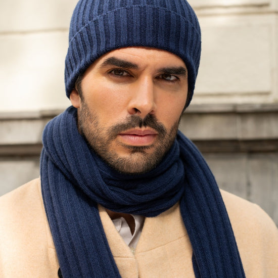 Milano (navy blue) - 100% cashmere ribbed beanie (unisex)- Fratelli Orsini - Luxury Beanie - Handmade in Italy -   13