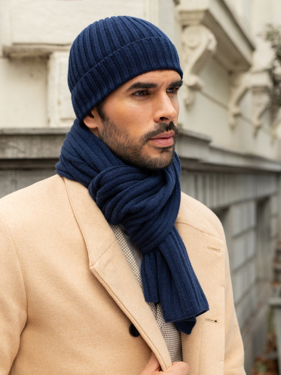 Napoli (navy blue) - 100% cashmere ribbed scarf (unisex) - Fratelli Orsini - Luxury Cashmere Scarf - Handmade in Italy - 7
