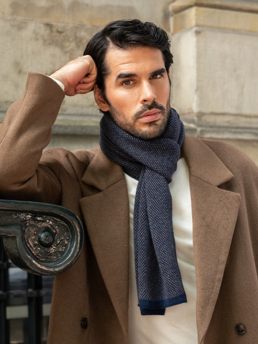 Riccardo (blue & brown) - 100% cashmere scarf with pattern - Fratelli Orsini - Luxury Cashmere Scarf - Handmade in Italy - 9