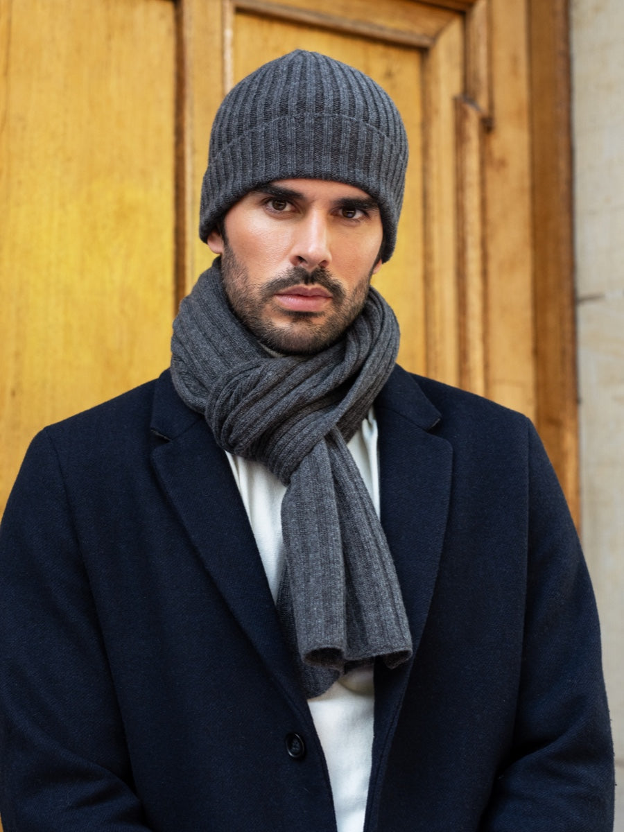 Milano (dark grey) - 100% cashmere ribbed beanie (unisex) - Fratelli Orsini - Luxury Beanie - Handmade in Italy - 11