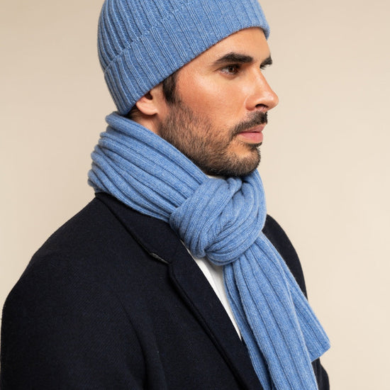 Napoli (light blue) - 100% cashmere ribbed scarf (unisex) - Fratelli Orsini - Luxury Cashmere Scarf - Handmade in Italy - 7