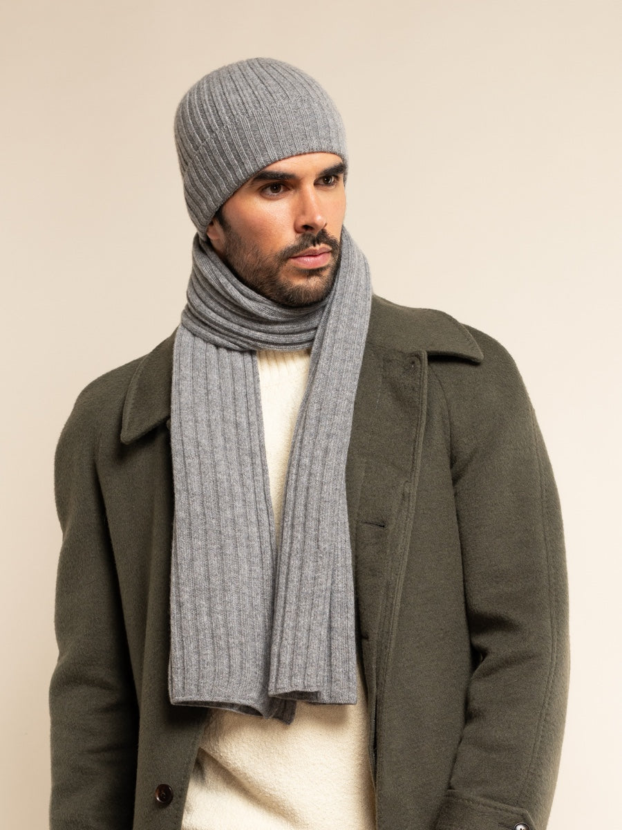 Napoli (light grey) - 100% cashmere ribbed scarf (unisex) - Fratelli Orsini - Luxury Cashmere Scarf - Handmade in Italy - 8