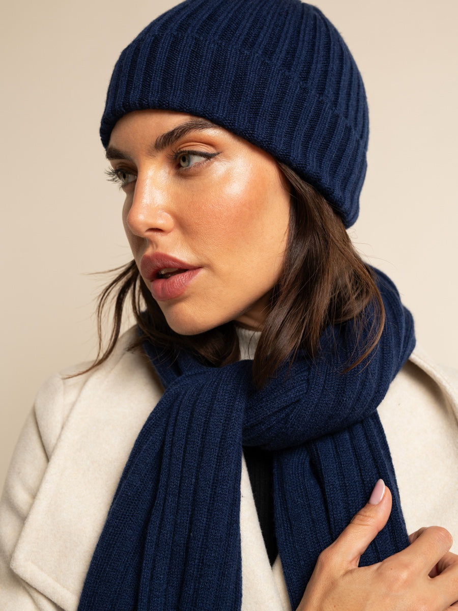 Napoli (navy blue) - 100% cashmere ribbed scarf (unisex) - Fratelli Orsini - Luxury Cashmere Scarf - Handmade in Italy - 8