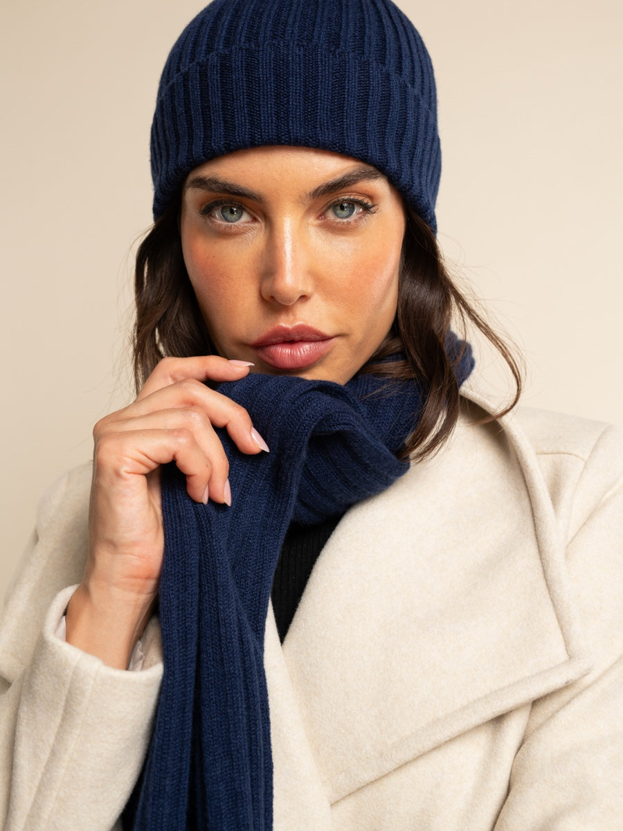 Napoli (navy blue) - 100% cashmere ribbed scarf (unisex) - Fratelli Orsini - Luxury Cashmere Scarf - Handmade in Italy - 15